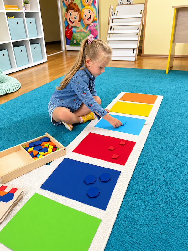 Dievča pri Montessori aktivite farebného triedenia tvarov v súkromnej materskej škole Zdravé dieťa v Košiciach